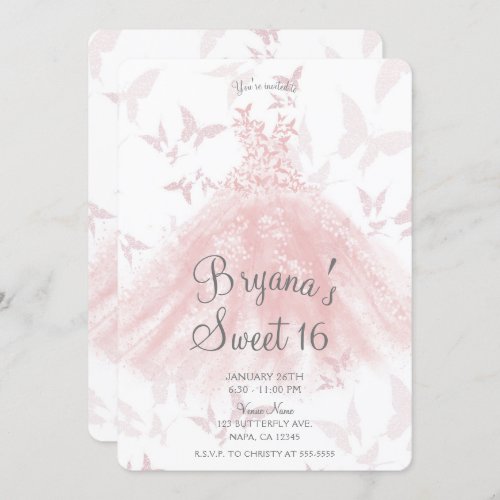 Peachy Pink Butterfly Dance Dress Sweet 16 Party  Invitation