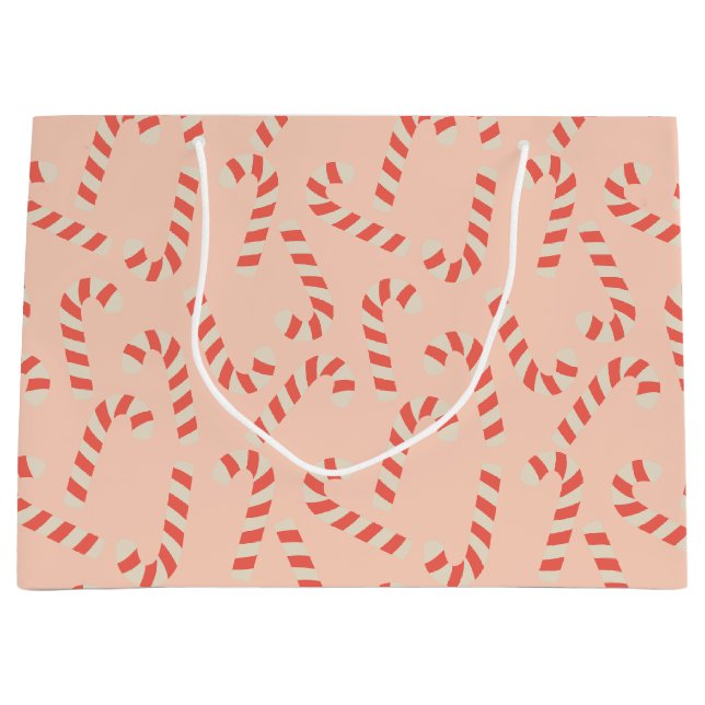 Peachy Pink Christmas Candy Canes Large Gift Bag (Front)