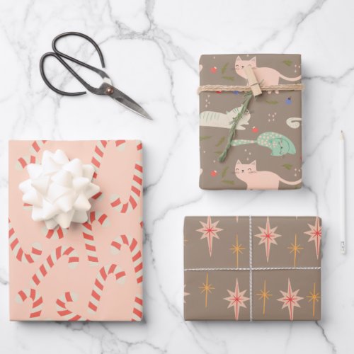Peachy Pink Christmas Candy Canes Meowy Wrapping Paper Sheets
