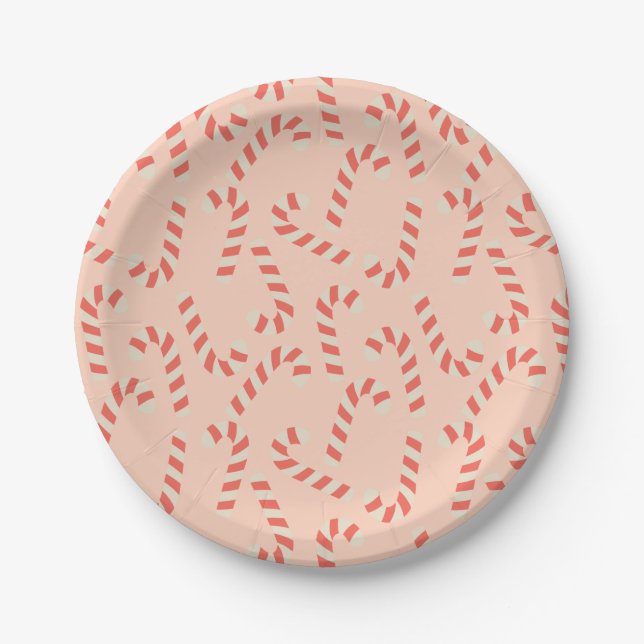 Peachy Pink Christmas Candy Canes Paper Plates (Front)