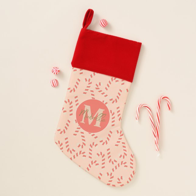 Peachy Pink Christmas Candy Canes Stocking (Front)