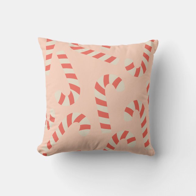 Peachy Pink Christmas Candy Canes Throw Pillow (Front)