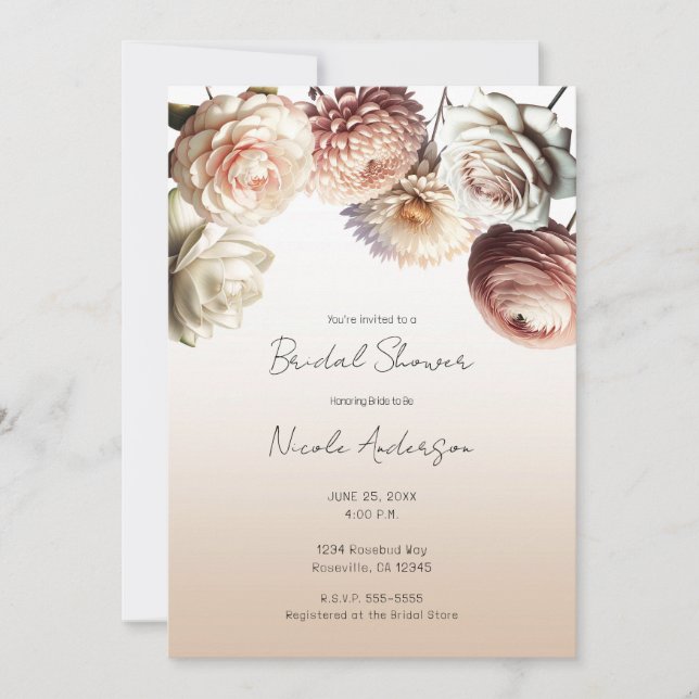 Peachy Pink Creamy White Flowers Floral Bridal Invitation (Front)