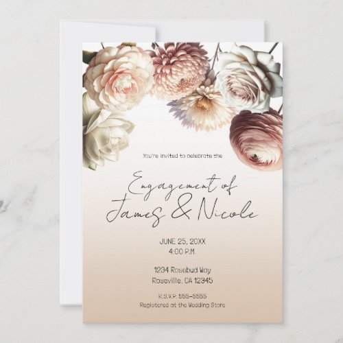 Peachy Pink Creamy White Flowers Floral Engagement Invitation