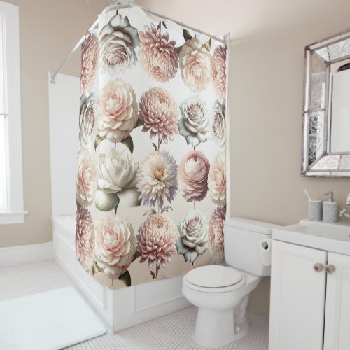 Peachy Pink Creamy White Flowers Floral  Shower Curtain