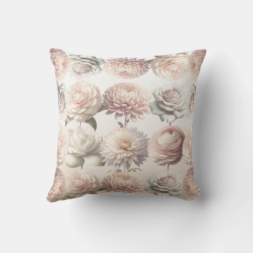 Peachy Pink Creamy White Flowers Floral  Throw Pillow