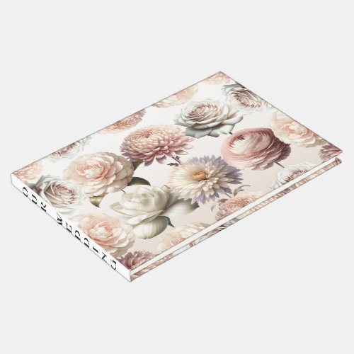 Peachy Pink Creamy White Flowers Floral Wedding Guest Book