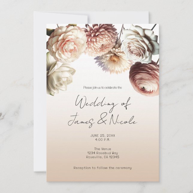 Peachy Pink Creamy White Flowers Floral Wedding Invitation (Front)