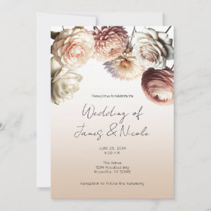 Peachy Pink Creamy White Flowers Floral Wedding Invitation