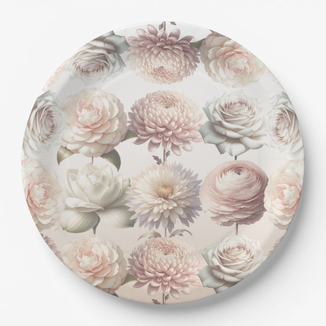 Peachy Pink Creamy White Flowers Floral Wedding Paper Plates (Front)