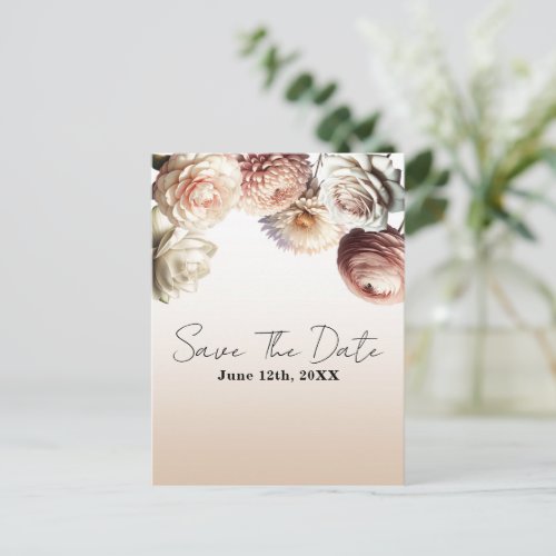 Peachy Pink Creamy White Flowers Save the Date  Announcement Postcard