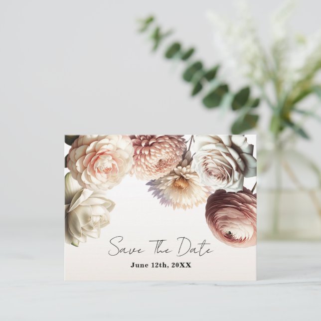 Peachy Pink Creamy White Flowers Save the Date  Announcement Postcard (Standing Front)
