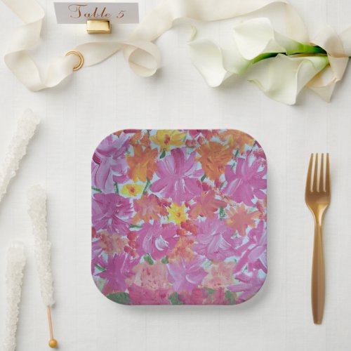 Peachy Pink Floral 7 Square Paper Plates