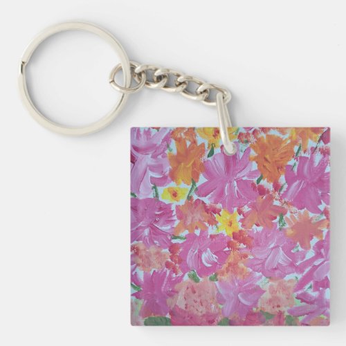 Peachy Pink Floral Acrylic Square Keychain 