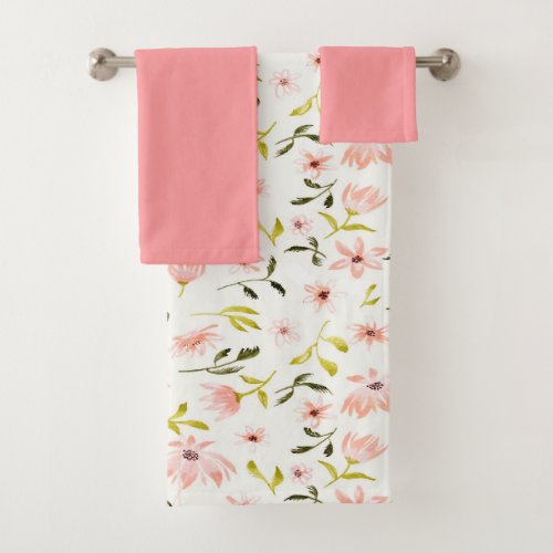 Peachy Pink Floral and Solid Color Bath Towel Set