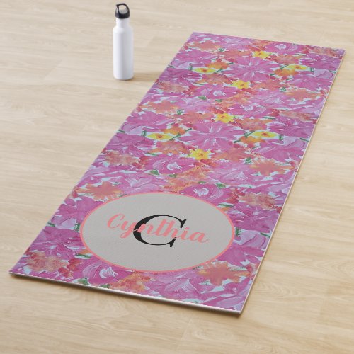 Peachy Pink Floral Monogram Yoga Mat