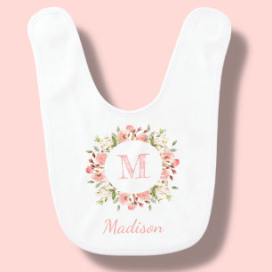 Peachy Pink Floral Personalized Baby Bib