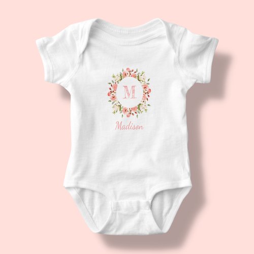 Peachy Pink Floral  Personalized Baby Bodysuit