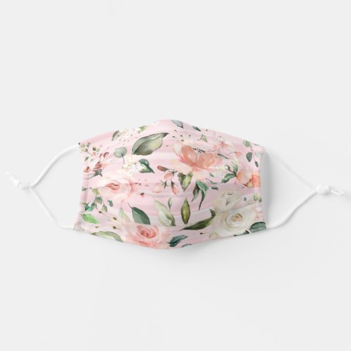 Peachy Pink Floral Watercolor Stripe Pattern Adult Cloth Face Mask