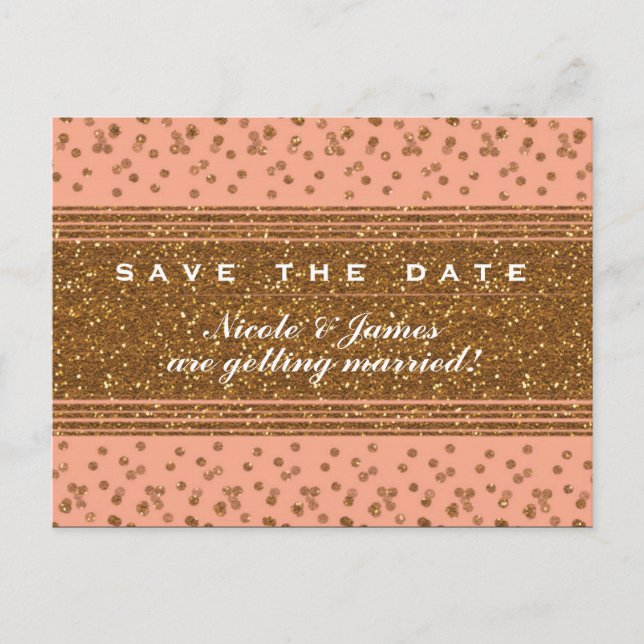 Peachy Pink & Gold Confetti Save The Date Postcard (Front)