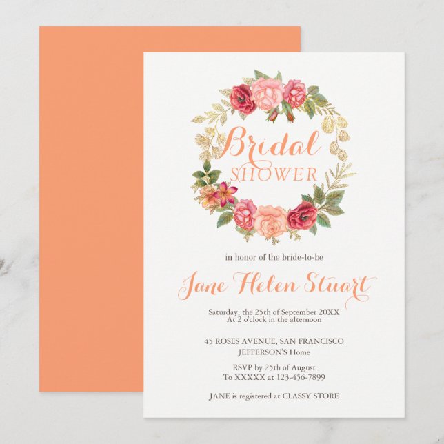 Peachy pink gold roses wreath chic bridal shower invitation (Front/Back)