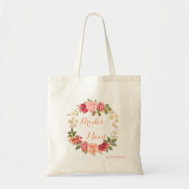 Peachy pink gold roses wreath wedding bridesmaid tote bag (Front)