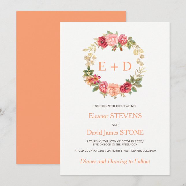 Peachy pink gold roses wreath wedding monogram invitation (Front/Back)