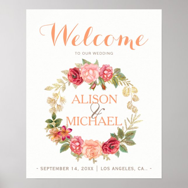 Peachy pink gold roses wreath wedding welcome sign (Front)