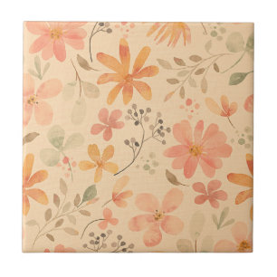 Peachy--pink golden floral pattern ceramic tile