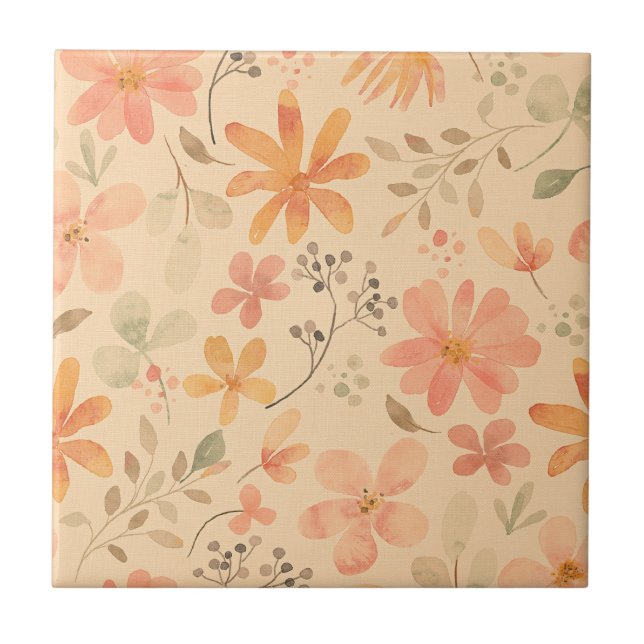 Peachy--pink golden floral pattern ceramic tile (Front)