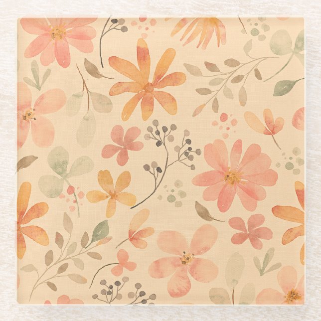 Peachy--pink golden floral pattern glass coaster (Front)