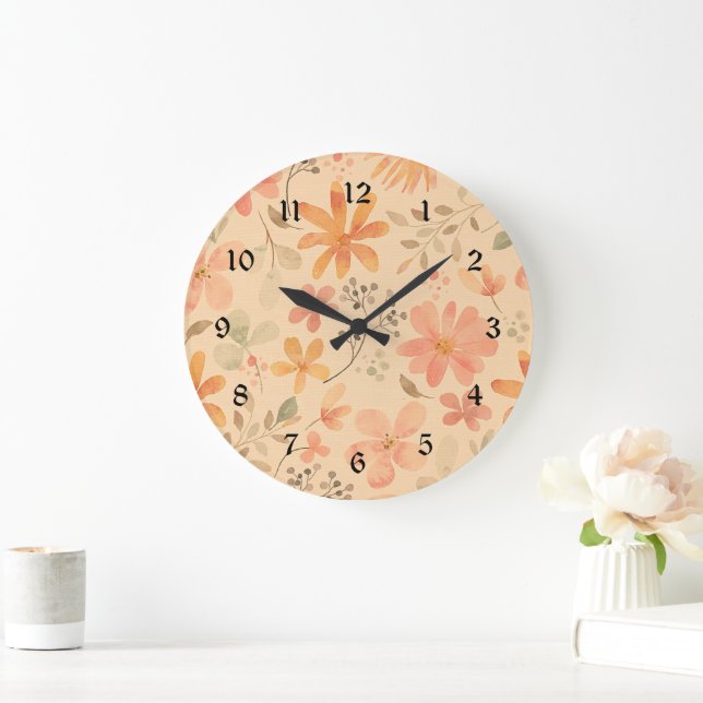 Peachy--pink golden floral pattern large clock (Home)