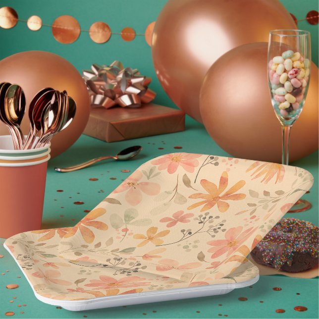 Peachy--pink golden floral pattern paper plates (Multi)