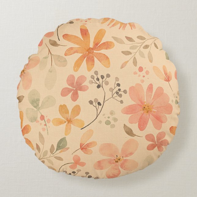 Peachy--pink golden floral pattern round pillow (Front)