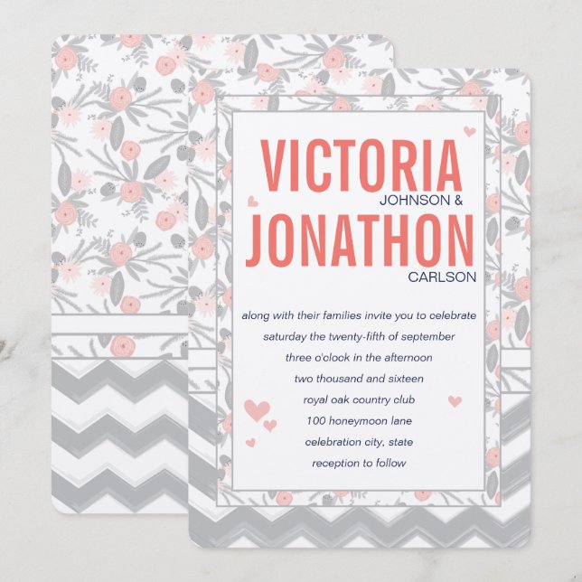 Peachy Pink Gray Flora and Fauna Wedding Invitation (Front/Back)