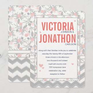 Peachy Pink Gray Flora and Fauna Wedding Invitation