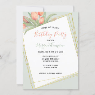 Peachy Pink & Mint Spring Tulips Birthday Party Invitation