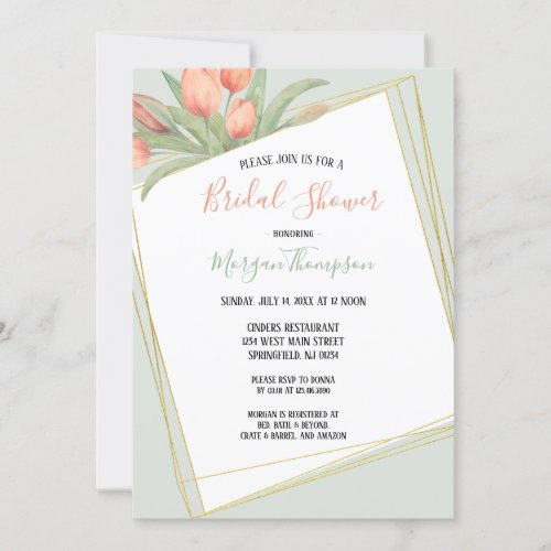 Peachy Pink  Mint Spring Tulips Bridal Shower Invitation
