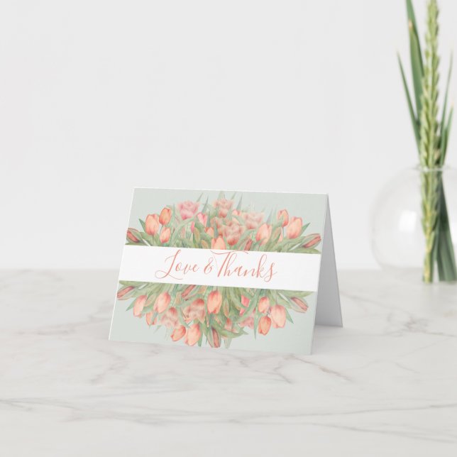 Peachy Pink & Mint Spring Tulips Thank You Card (Front)