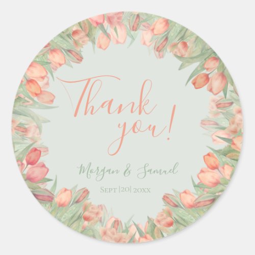 Peachy Pink  Mint Spring Tulips Thank You Classic Round Sticker