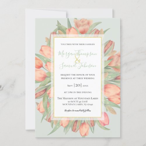 Peachy Pink  Mint Spring Tulips Wedding Invitation