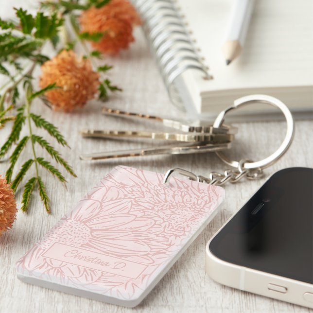 Peachy Pink on Grunge Pink Chrysanthemums Photo Keychain (Front Right)