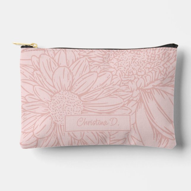  Peachy Pink on Pink Chrysanthemums with Name Accessory Pouch (Front)
