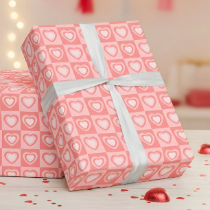 Peachy Pink Retro Hearts Valentine Gift Wrapping Paper