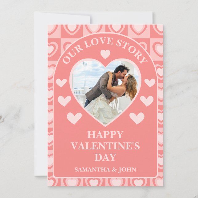 Peachy Pink Retro Hearts Valentine’s Gift Photo Holiday Card (Front)