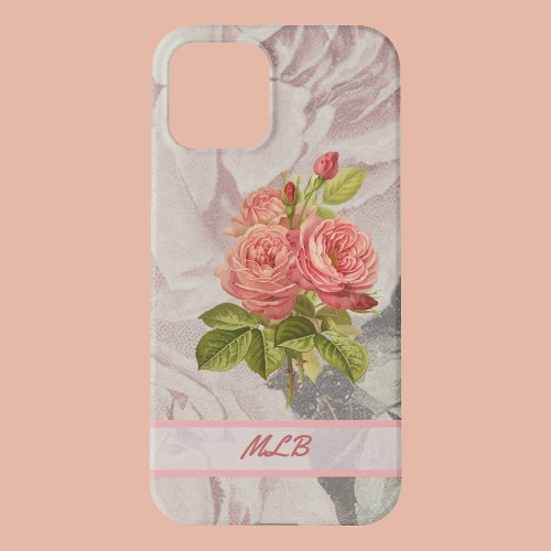 Peachy Pink Rose and Ephemera with Initials iPhone 12 Case