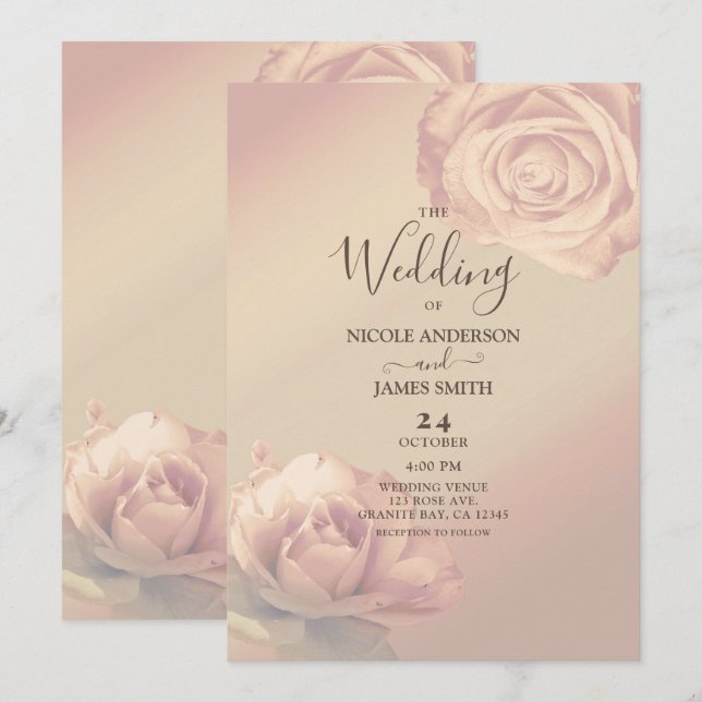 Peachy Pink Roses Elegant Floral Wedding  Invitation (Front/Back)