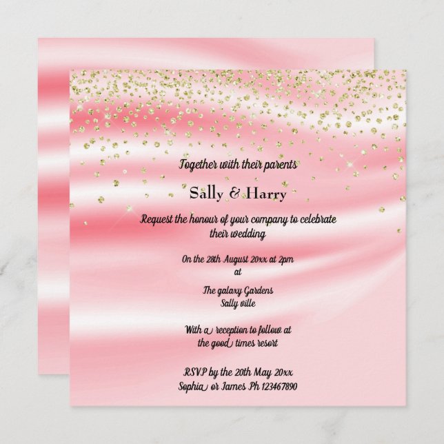 Peachy Pink Satin Sparkle Gold Invitation (Front/Back)