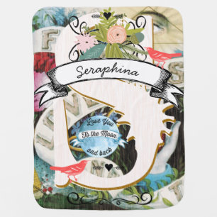 Peachy Pink Teal Vintage Love You to the Moon Stroller Blanket