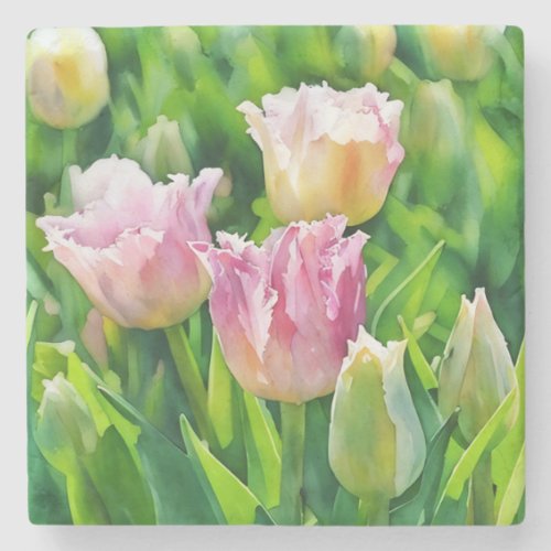 Peachy Pink Tulip Garden Art Marble Stone Coaster